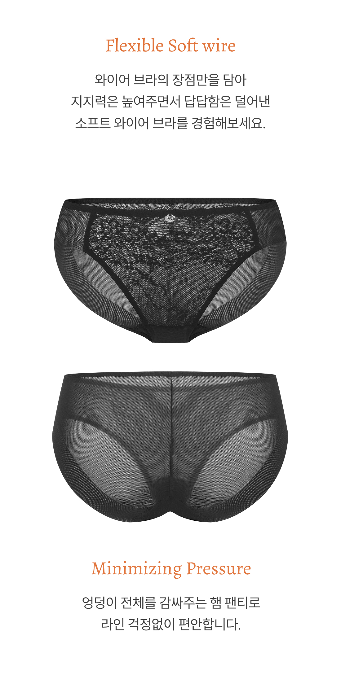 원더브라 공식몰의 시스루 레이스 디자인과 편안한 착용감을 갖춘 여성 팬티의 앞뒤 모습