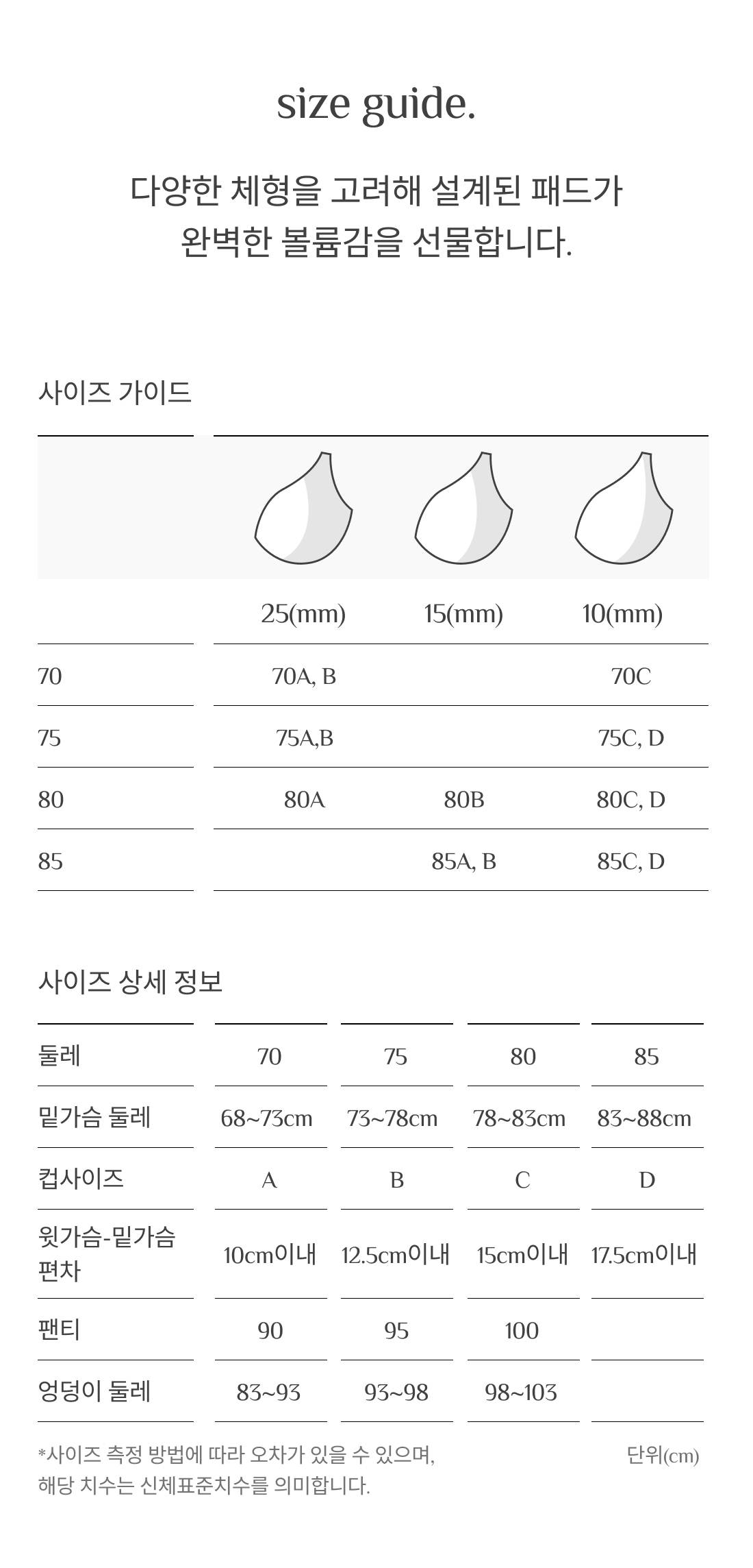 원더브라 공식몰 여성 브라 착용에 참고할 수 있는 다양한 컵 패드 두께와 사이즈 분류 안내