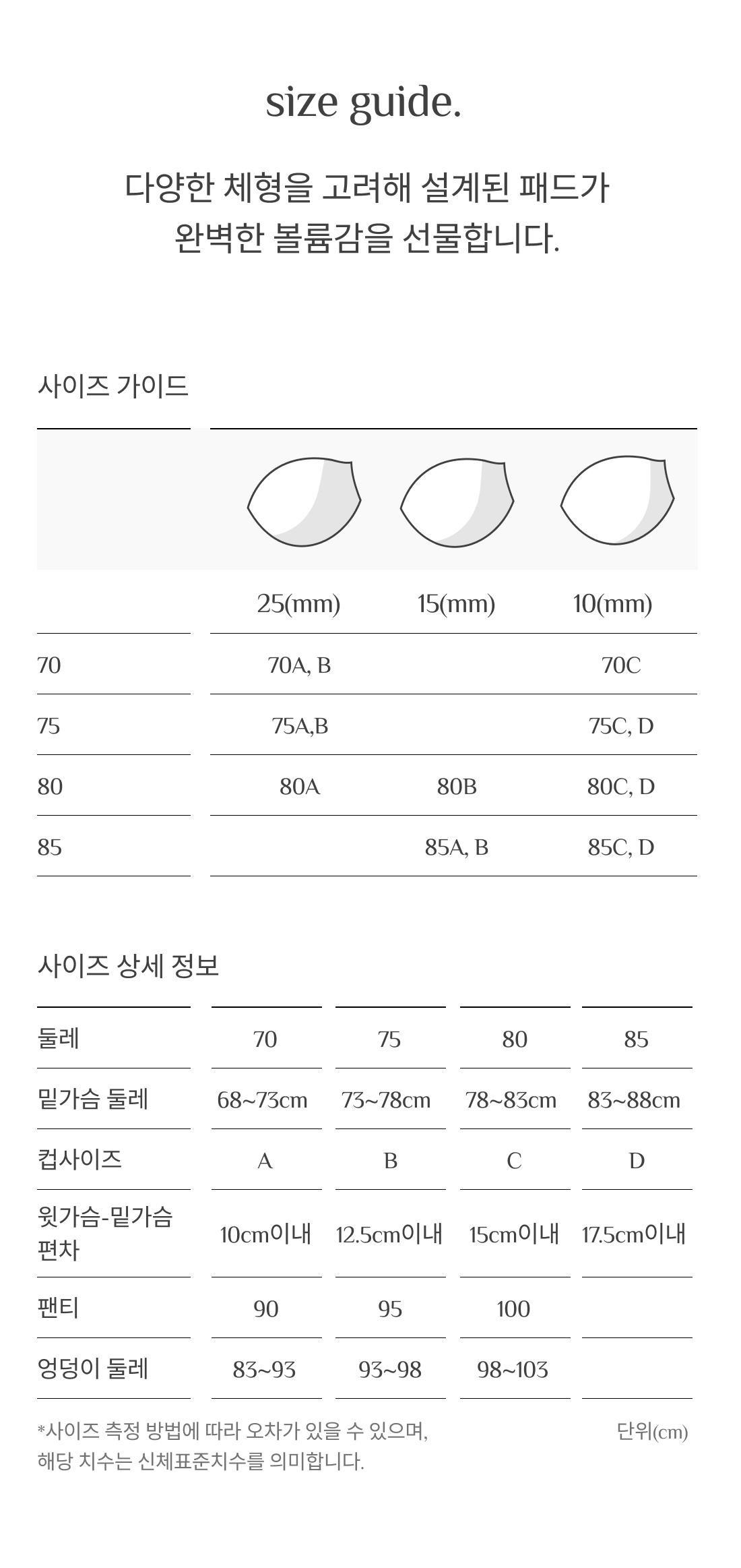 원더브라 공식몰 여성 브라 착용에 참고할 수 있는 컵 패드 두께와 사이즈별 신체 둘레 기준 정보를 담은 이미지