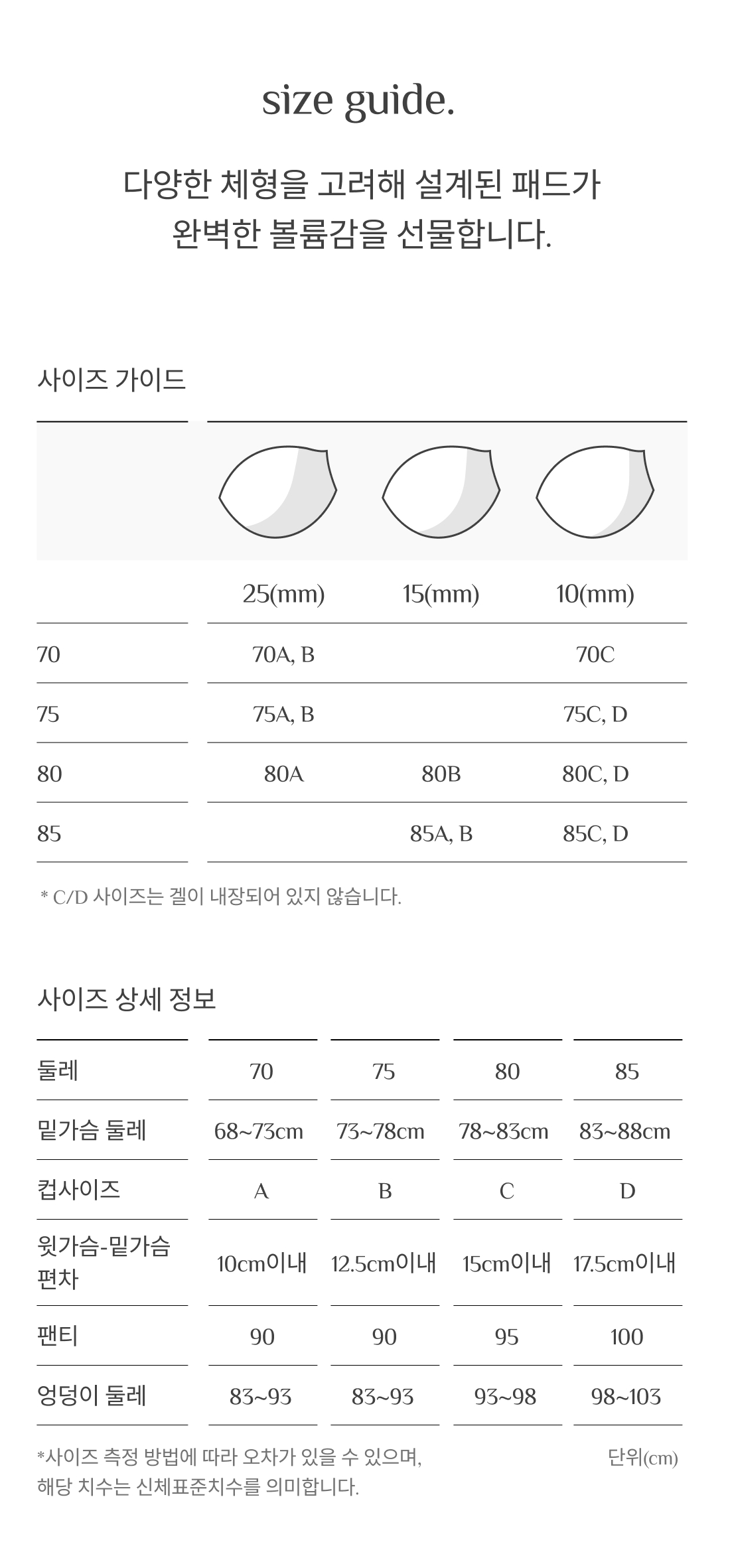 원더브라 공식몰 여성 브라 선택에 참고할 수 있는 패드 크기와 체형별 둘레 범위를 정리한 모습