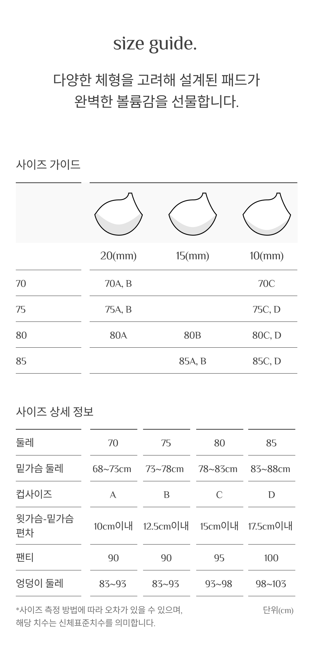 원더브라 공식몰의 여성 브라 선택을 위한 패드 두께와 사이즈별 체형 기준을 제시한 이미지