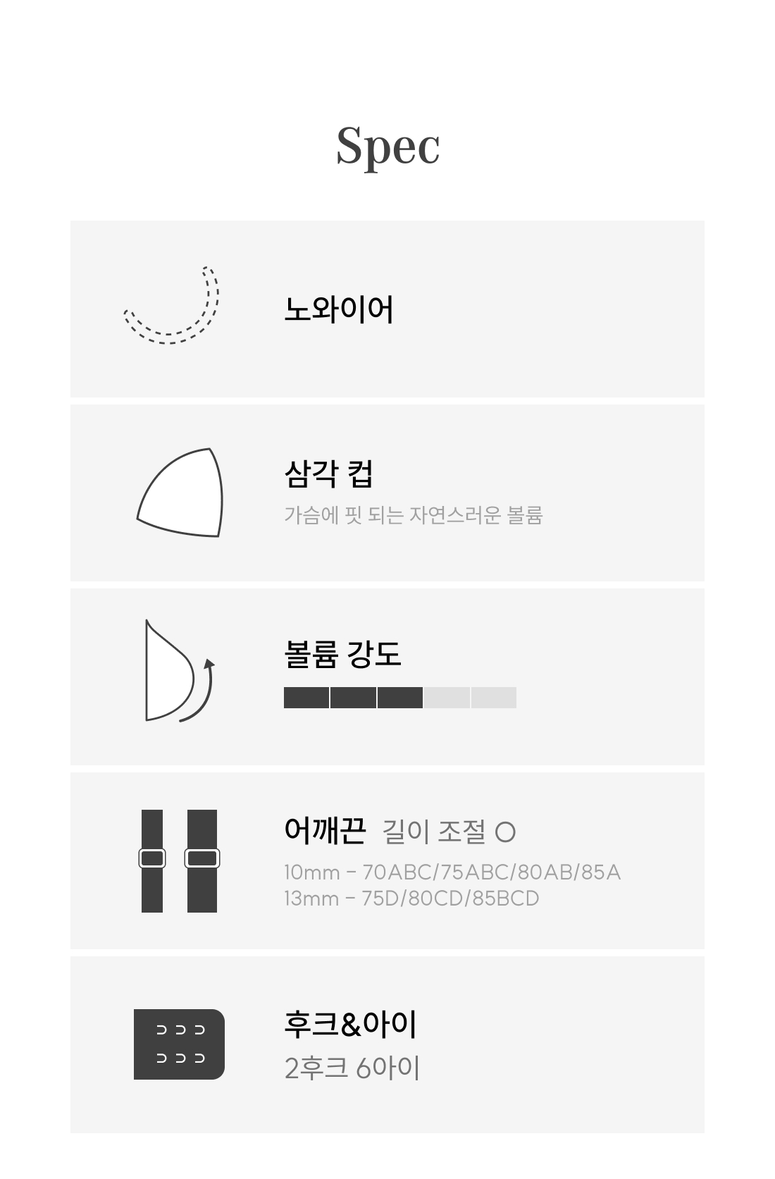 원더브라 공식몰 여성 브라의 노와이어와 삼각 컵 디자인, 조절 가능한 어깨끈과 2후크 6아이 구조가 반영된 스펙 소개