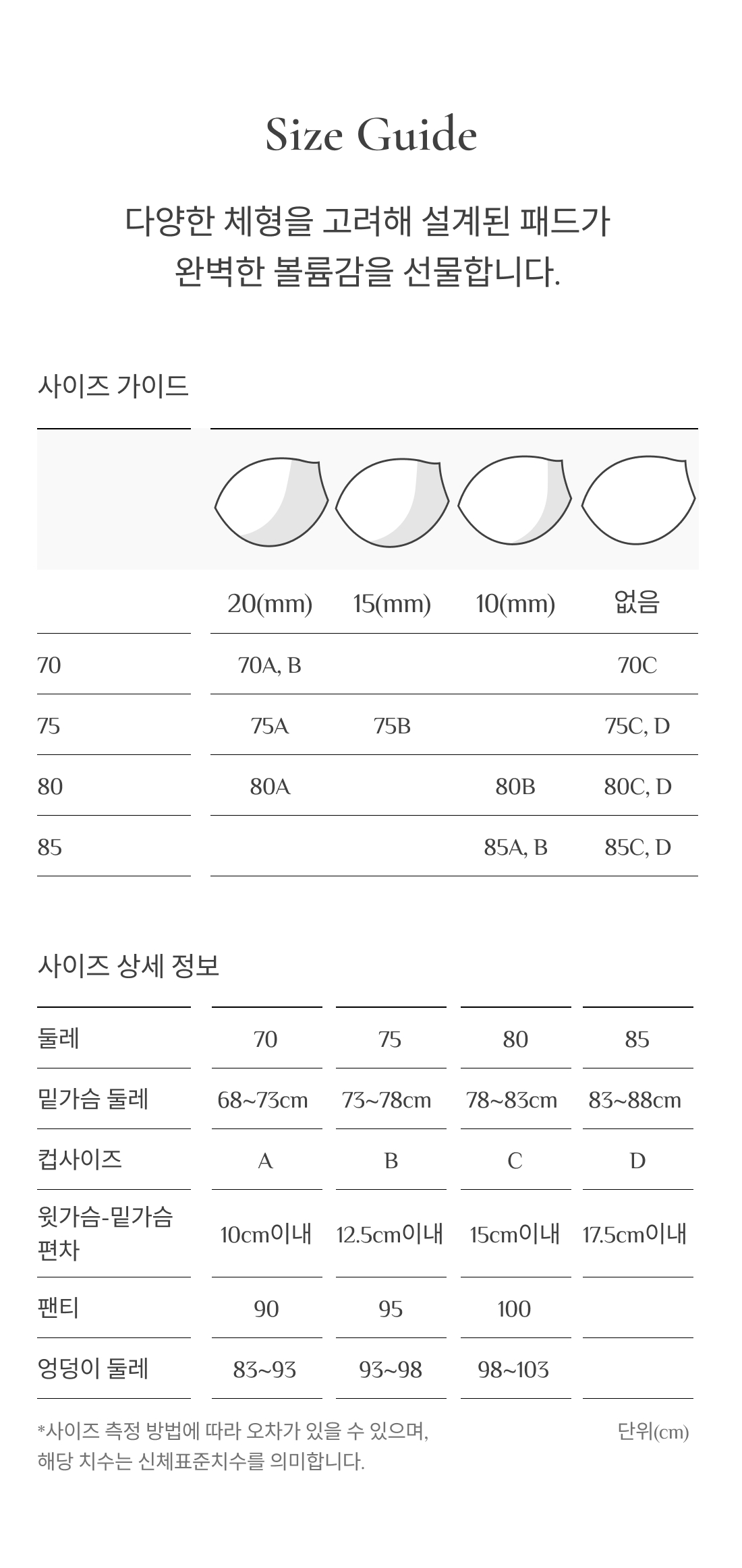 원더브라 공식몰 여성 브라 선택에 참고할 수 있는 패드 두께와 신체 치수별 사이즈 분류표