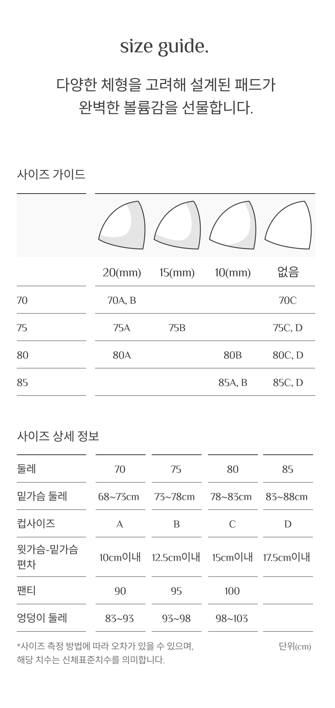 원더브라 공식몰 여성 브라와 팬티 선택에 참고할 수 있는 패드 두께별 사이즈와 신체 치수 기준 표